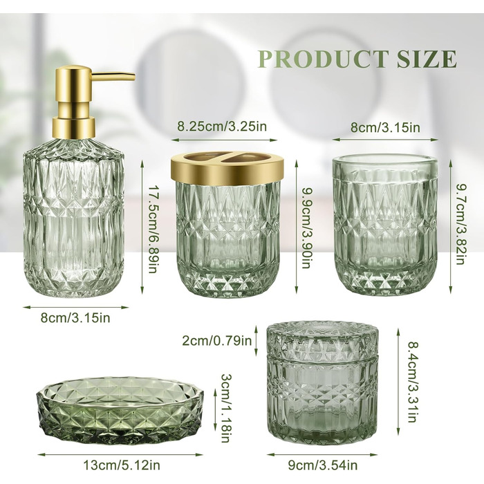 Набір аксесуарів для ванної кімнати 5 предметів, чорний дозатор для мила та лосьйону, мильничка, підставка для зубних щіток, стаканчик, склянка для ватних паличок, прозорий скляний бокс (Зелений)