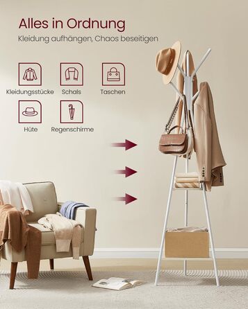 VASAGLE Coat Rack in Tree Shape, Clothes Rack, Freestanding Wardrobe, Industrial Design, with 2 Shelves, for Clothing, Hats, Bags, Vintage Brown-Black RCR16BXV1 (Beige + Pearl White)