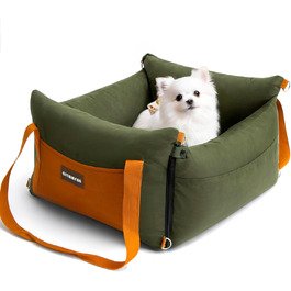 Small & Medium Dog Car Seat - Portable Pet Carrier with Extendable Bed, Washable Travel Dog Bed with Storage Pockets & Safety Belt - Green
