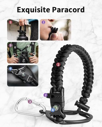 Trebo Thermos Flask with Straw 2L, Stainless Steel Water Bottle with Paracord Handle & 3 Lids, Stainless Steel Wide Mouth Drinking Bottle Large Sports Bottle Keeps Drinks Cold for 48 Hours, Black