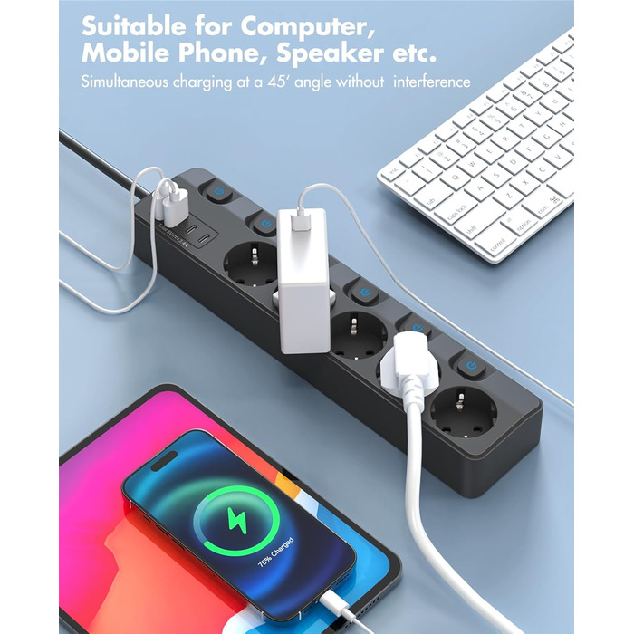Багаторозетка на 5 розеток з індивідуальними вимикачами, KEPLUG, з USB, захист від перенапруги, для стіни, 2 м, чорна