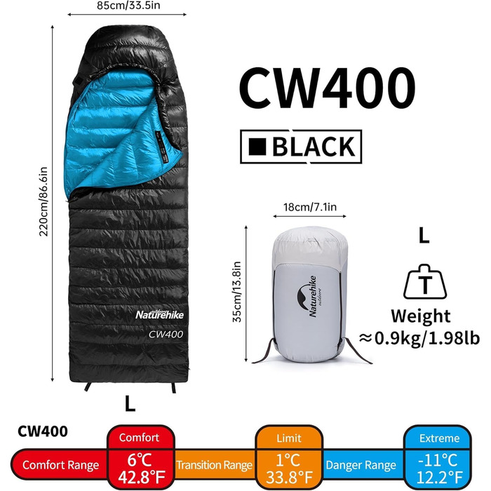 Спальний мішок Naturehike CW400: ультралегкий, пуховий, для дорослих, -11°C—6°C, з компресійним водонепроникним чохлом. Підходить для походів, велопоїздок та кемпінгу. Чорний колір.