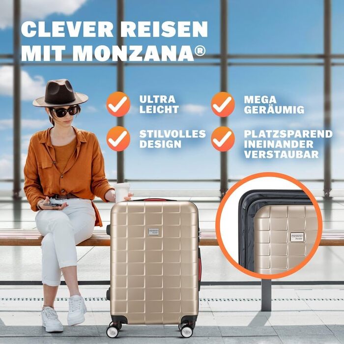 Набір валіз Monzana 3шт Exopack TSA, колір шампань: M, L, XL, жорсткий корпус, гелеві ручки, 4 колеса, телескопічна ручка