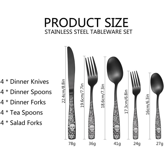 Набір столових приборів XIAOYU з дизайном черепа, готичний, з нержавіючої сталі на 4 особи (20 предметів) - для Хеллоуїну