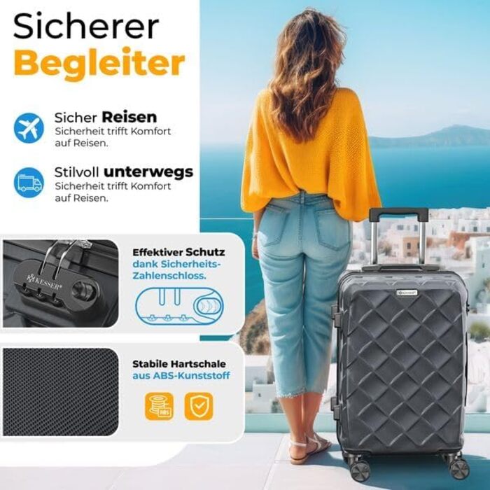 Чемодан KESSER® 120L з ABS-пластику з кодовим замком, вагами та органайзером, 75 см | Валіза на колесах для подорожей та бізнесу