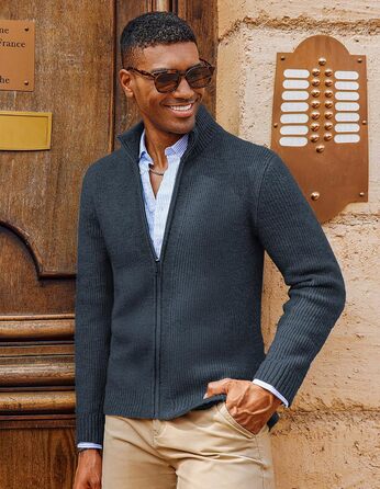 Кардиган чоловічий PJ PAUL JONES з рифленого в'язання, довгі рукави, зимова куртка, тонкий трикотаж, з коміром-стійкою та блискавкою, колір морської хвилі (S)