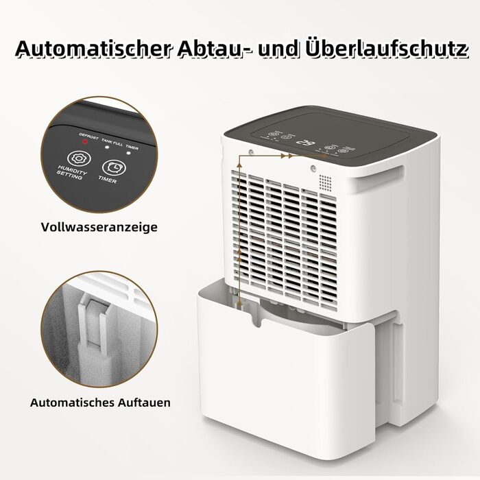 Вологопоглинач повітря 12л/24г, компресорний – автоматичний вологопоглинач для спальні, підвалу, ванної кімнати до 120м³, (~20 м²), з цифровим дисплеєм та шлангом для зливу