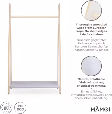 MAMOI® Clothes Rack Baby Nursery | Children's Clothes Rack 106x95x32cm / 53x95x32cm | Children's Clothes Stand Baby | Coat Rack | Baby Wardrobe | Children's Wardrobe | 100% ECO | Made in EU (1 Module - 1 Shelf, White - Light Grey)