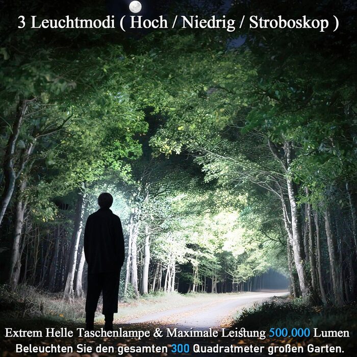 Ліхтар LED акумуляторний 500000 люмен, надпотужний з акумулятором 5000 mAh, LCD-індикатор заряду, 3 режими, регульований фокус, для кемпінгу та відпочинку на природі, матовий чорний
