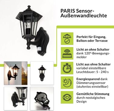Зовнішня настінна лампа PARIS (Чорна) з датчиком руху, IP44, для саду, алюміній, скло, 23 см, E27