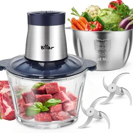 Електричний подрібнювач м'яса Bear 2L+1.8L з функцією м'ясоподрібнювача, 600W, 2 швидкості, зі скляною та нержавіючою сталлю, 4 леза, для м'яса, дитячого харчування, фруктів та овочів