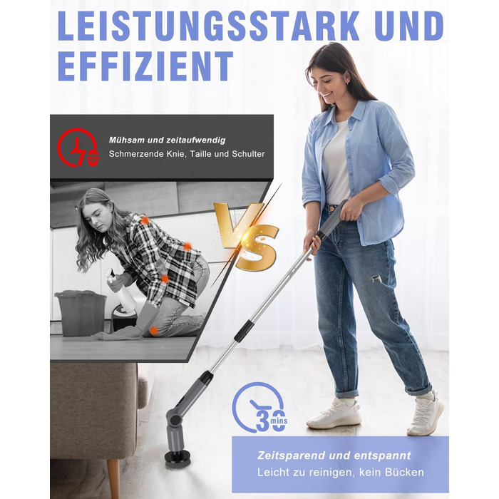 Electric Cleaning Brush, [Collapsible Version] Homtronics Electric Scrub Brush, Adjustable Long Handle, Electric Spin Scrubber Cordless with 8 Drill Brush Heads for Bathroom Kitchen Car, Grey