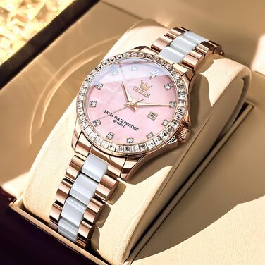 Годинник жіночий OLEVS з діамантами, елегантний, розкішний, на рожевому ремінці з керамічним склом (3651 Roségold)