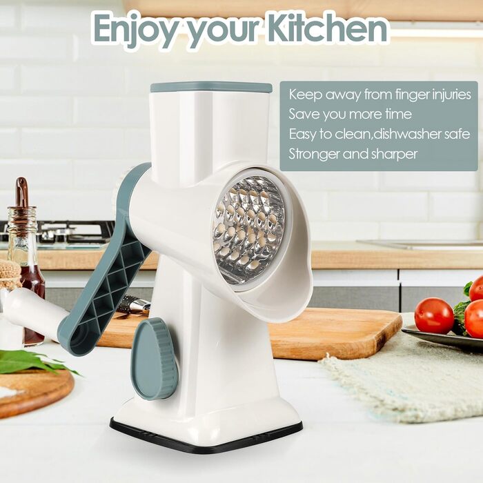 Ручна тертка для сиру та овочів Dreamhigh з ручкою, 3 змінні леза з нержавіючої сталі, для сиру, овочів, горіхів, моркви, огірків, білий колір