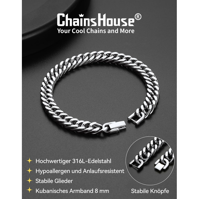 Чоловічий браслет ChainsHouse Panzer з нержавіючої сталі, ланцюг у хіп-хоп стилі (Срібний, 8мм, 23см) з подарунковою коробкою