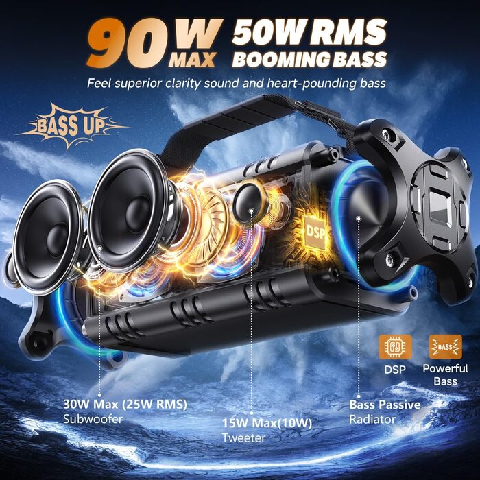 W-KING Портативна Bluetooth Колонка 90W з Глибоким Басом, DSP, 40 годин акумулятора та IPX6 Захистом від Води. Підтримка Powerbank, EQ, AUX та TF-карта. Чорний Колір. Ідеально для кемпінгу, пляжу та саду.