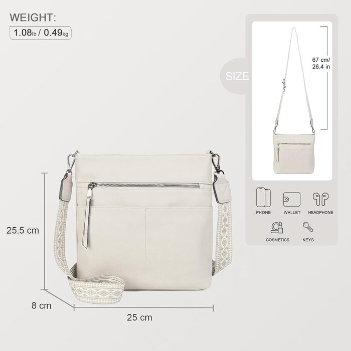 Сумка жіноча Gladdon шкіряна крос-боді середнього розміру з широким ременем, сумка на плече з жакардовою тканиною (бежева)