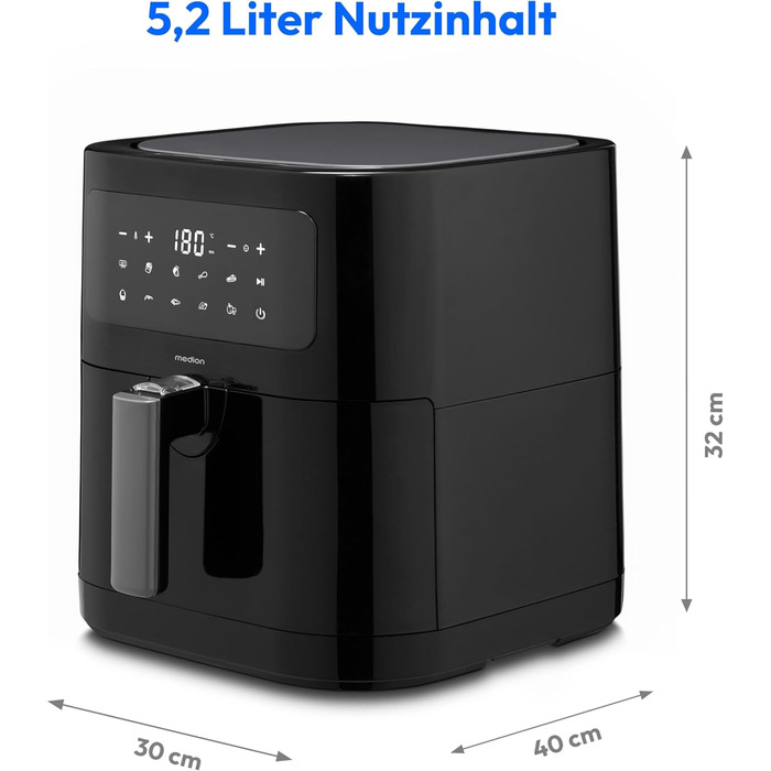 MEDION E40 XL Фритюрниця з гарячим повітрям (5.2 л, Airfryer, 2150 Вт, 9 автоматичних програм, функція випікання, без олії, сенсорне керування, LED дисплей, MD 11740) чорна