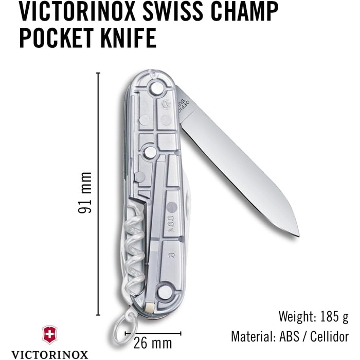 Мультитул Victorinox Swiss Champ: 33 функції, ніж, відкривачка, викрутка, прозорий сріблястий