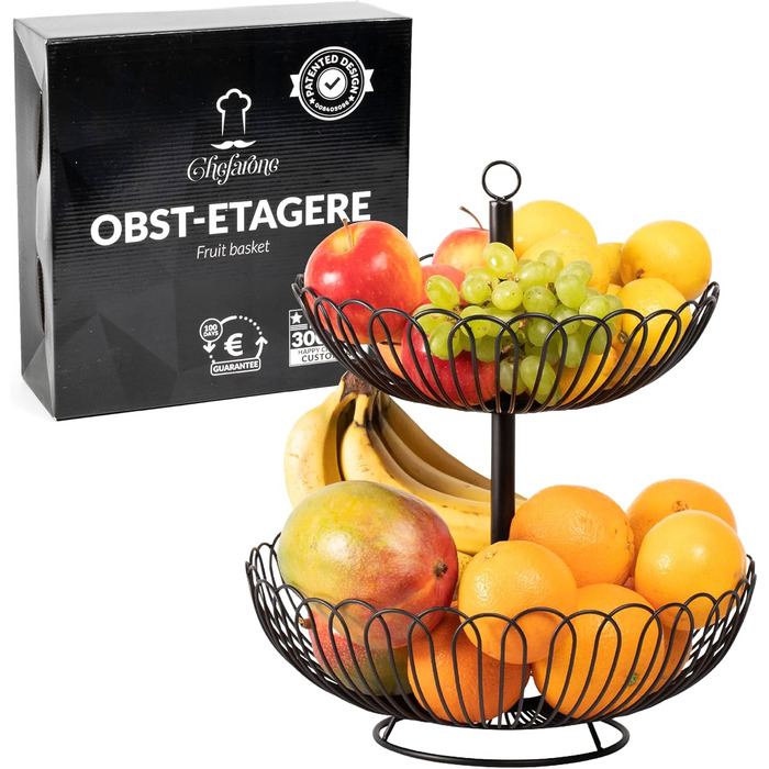 Стійка для фруктів Chefarone® – XL, 33 см, 3 яруси, чорна – стильний фруктовий кошик з мисками, декор для кухні