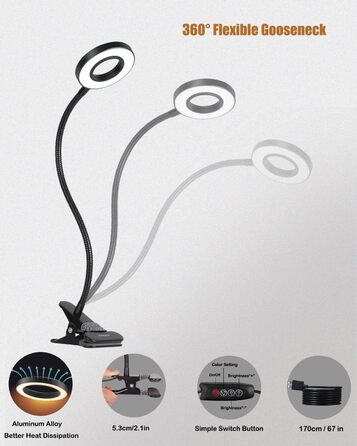 LED приліжкова лампа з кліпсою для ліжка, спальні, офісу, димується, 3 режими + 10 рівнів яскравості, гнучка, 8W, срібляста (чорна)