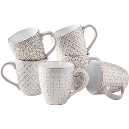 DOWAN Coffee Mug Set, 6 x 560 ml Porcelain Coffee Cups, Large Mugs with Embossed Pattern in Country House Style for Coffee, Milk, Tea & Hot Chocolate, Reactive White Mug Set