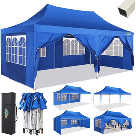 COBIZI Pavilion 3x3 Waterproof Stable Winterproof Party Tent 3x3 with 4 Side Walls Pop Up Folding Pavilion UV Protection 50+ Garden Pavilion With Handbag, 8X Pegs and 4X Wind Rope, (Light Blue, 3x6 m)