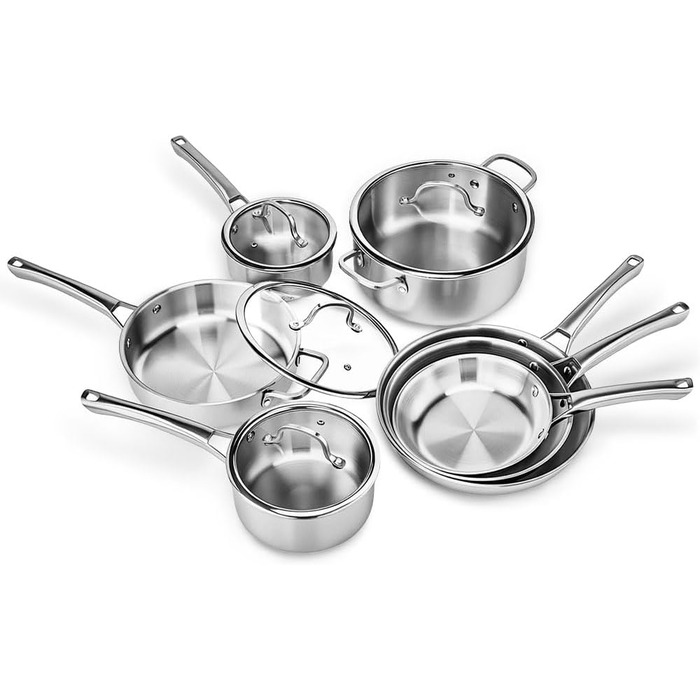 Набір каструль LeadZM з керамічним покриттям (22 шт.) для індукційних плит, сумісний з усіма плитами, без PFOA/PFOS (Бежевий) + Набір з 11 предметів з нержавіючої сталі (Сріблястий)