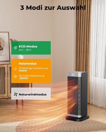 Керамічний обігрівач Fitabok 2000W з дистанційним керуванням, PTC-нагрівачем, таймером на 12г та ECO-режимом, поворот 70°, захист від перегріву та перекидання, чорний