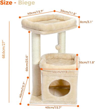 PAWZ Road Cat Tree, Multi-Tier Cat Tower with Sisal-Covered Scratching Post, Cozy Cat Condo & Large Cat Perch for House Cats, Beige