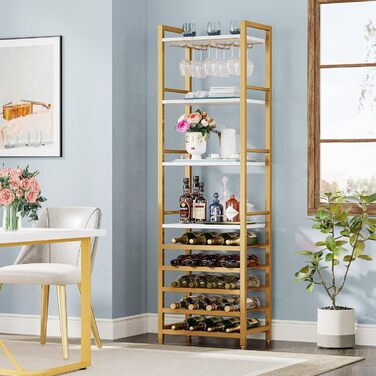 Tribesigns 20 Bottle Wine Baker's Rack, Freestanding Floor Wine Rack, 9 Tiers, Industrial Freestanding Wine Rack Wine Bar with Glass Holder Bottle Rack for Bar, Kitchen, Dining Room, (Gold, 2 PC)