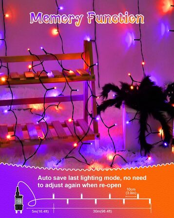 Гірлянда на Хелловін, 30м, 300 LED, оранжево-фіолетова, з функцією пам'яті та таймером, 8 режимів освітлення, вологостійка, для декорування інтер'єру та екстер'єру