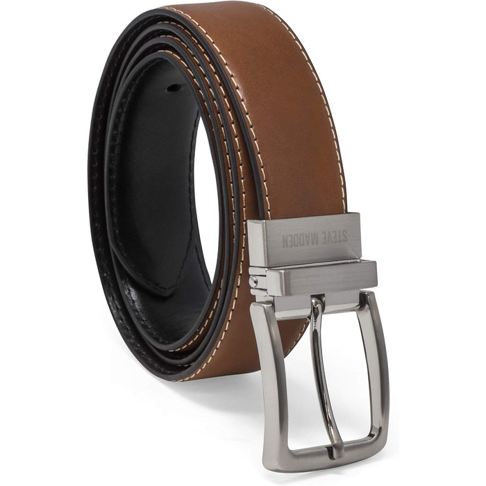 Чоловічий шкіряний ремінь Steve Madden - чорний/коричневий (сріблястий) - 34, Cognac/Schwarz (з пером)