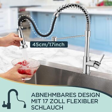 Змішувач кухонний FORIOUS висувний з душем, однорідний, 360° обертання, хром, з витяжкою