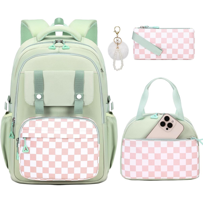 Рюкзак для дівчаток: ідеальний шкільний рюкзак для молодших та старших класів, рюкзак-сумка Kawaii, велика місткість (Зелений, 3-кільний комплект)