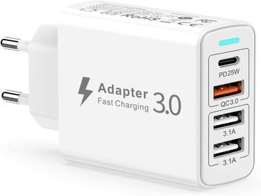 Мережевий зарядний пристрій USB C на 4 порти, 40W, PD&QC3.0, для iPhone, Samsung Galaxy