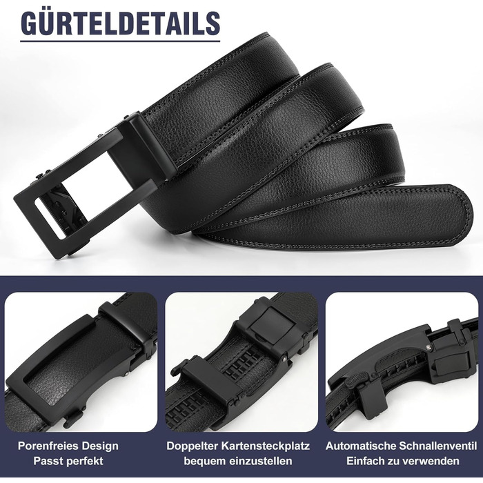 Чоловічий шкіряний ремінь JasGood з автоматичною застібкою, ширина 35 мм, чорний, 130 см (для талії 101-115 см)