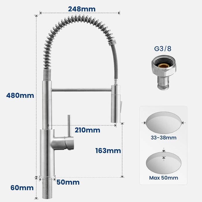 Змішувач кухонний CECIPA з витяжною насадкою, висувний, з двома режимами струменя, поворотний на 360°, одноlever, нержавіюча сталь, срібло