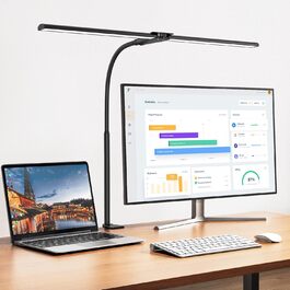LED Desk Lamp with Adjustable Gooseneck - Dual Head, 1200 Lumens, Eye Protection for Home Office & Study - Black with 5 Color Temperature/Brightness Levels