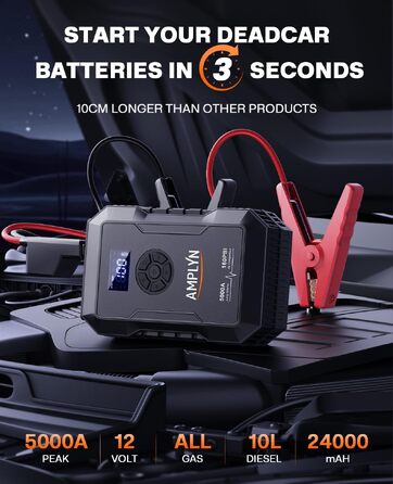Пусковий пристрій для авто (Бустер) з компресором 160 PSI, 5000A, 12V, портативний Jump Starter для бензинових та дизельних двигунів (до 10л), Type-C, ліхтарик