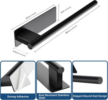 Тримач для рушників на клейкій основі без свердління, 28 см, нержавіюча сталь, срібляний (чорний, одноручний)