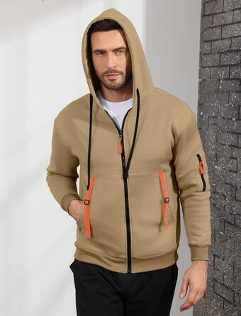 Світшот з капюшоном Aulemen для чоловіків з блискавкою, з довгим рукавом, Slim Fit, з кількома кишенями (Хакі, M)