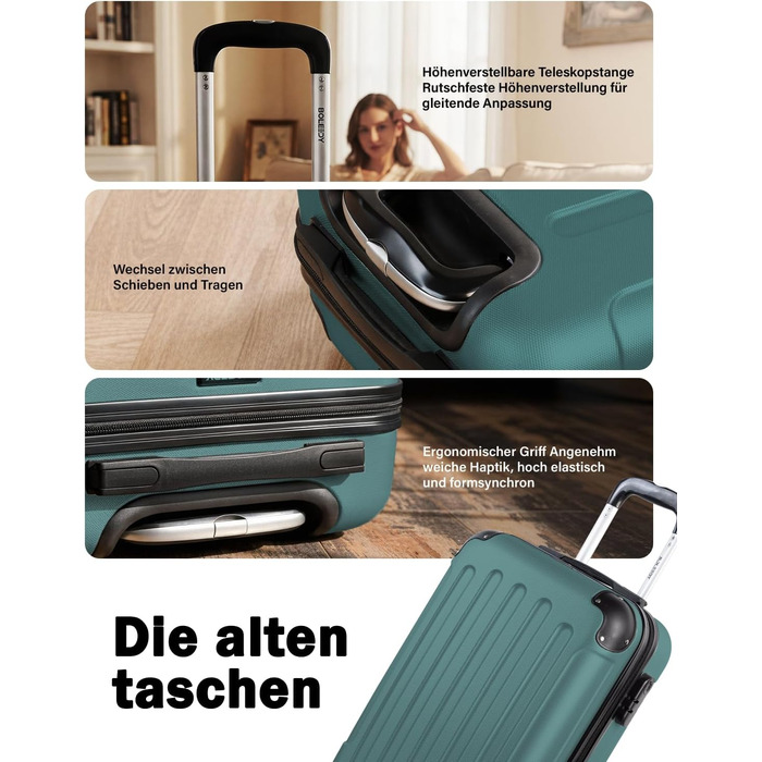 Набір валіз Boleedy 3шт (55/66/76 см), Trolley, жорсткий корпус, 360° обертання, тихі колеса, телескопічна ручка, темно-зелений