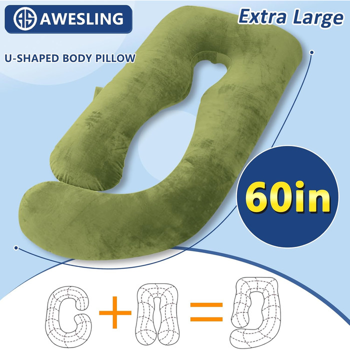 Подушка для вагітних AS AWESLING U-подібної форми, повного тіла, для годування, підтримки, знімний чохол (зелений, з піною з пам'яті)