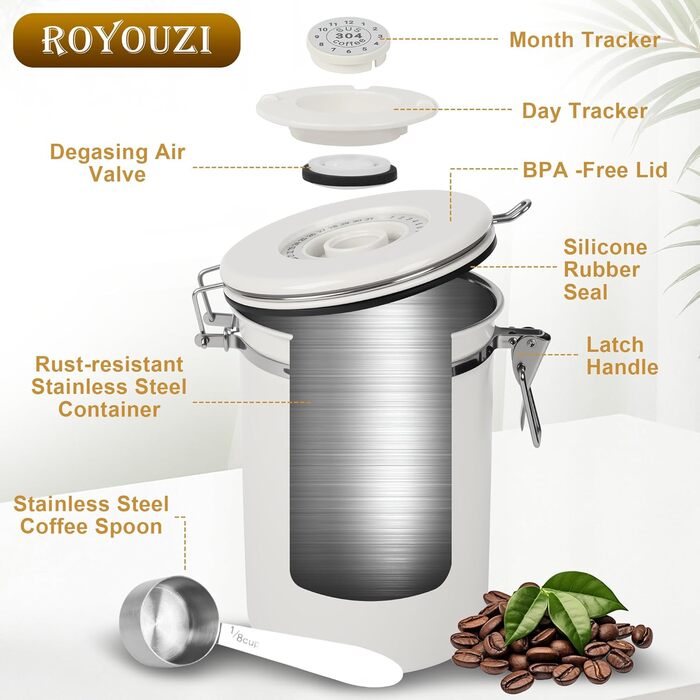 Герметична кавова банка з нержавіючої сталі, 1,8 л, з ложкою, для кави, чаю, горіхів, какао. Збереження свіжості