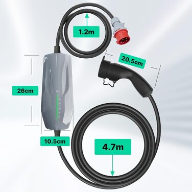Мобільна зарядна станція (Wallbox) 11 кВт, CEE роз'єм, 6м, 3 фази, 6-16A, Type 2 кабель для електромобілів (EV/PHEV), IP66