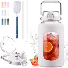 BLUEGO 2500ml Glass Drinking Bottle with Stainless Steel Handle, 2.5L Large Water Bottle with Time Markers and Silicone Sleeve, Half Gallon Water Jug BPA-Free for Sports, Daily Use, Light Green (White)