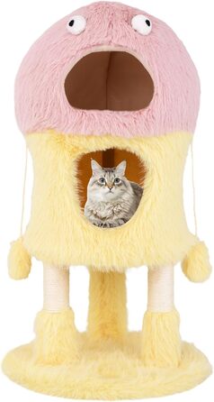 Дерев'яний кігтеточки для котів Costway з будиночками, 93 см, рожево-жовтий, з м'ячем