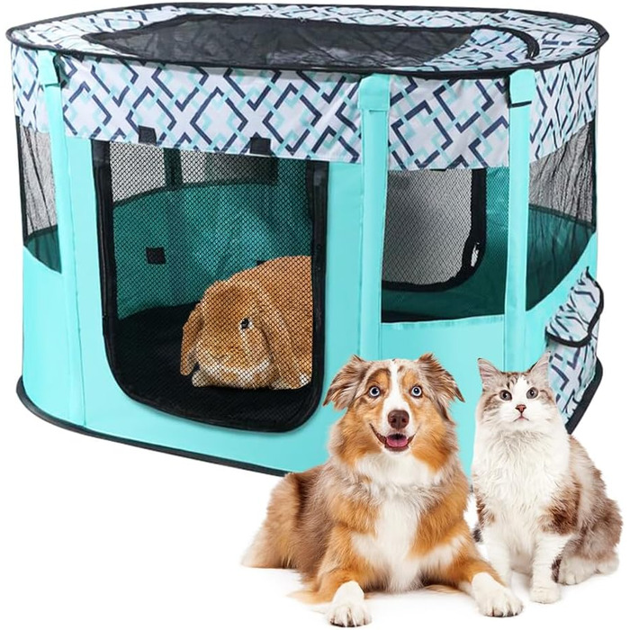 Клітка-забіг для цуценят та собак, складана, 70x55x40 см, зелена в клітинку