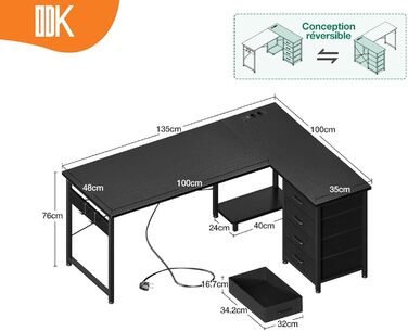 Кутовий письмовий стіл ODK з висувними шухлядами, USB та розетками, для домашнього офісу, чорний, 135×100 см